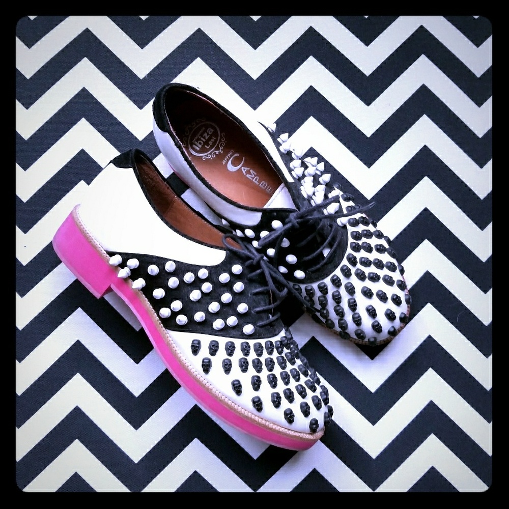 Jeffrey Campbell Black & White Studded Lace-Up Flats with Pink Soles